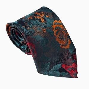 Blondy Mens Floral Jacquard Necktie Teal Orange Red Botanical Woven Silk Style